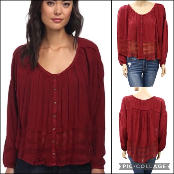 Free People Cranberry Crochet Lace Raw Edge Swing Blouse Top - Picture 4 of 11